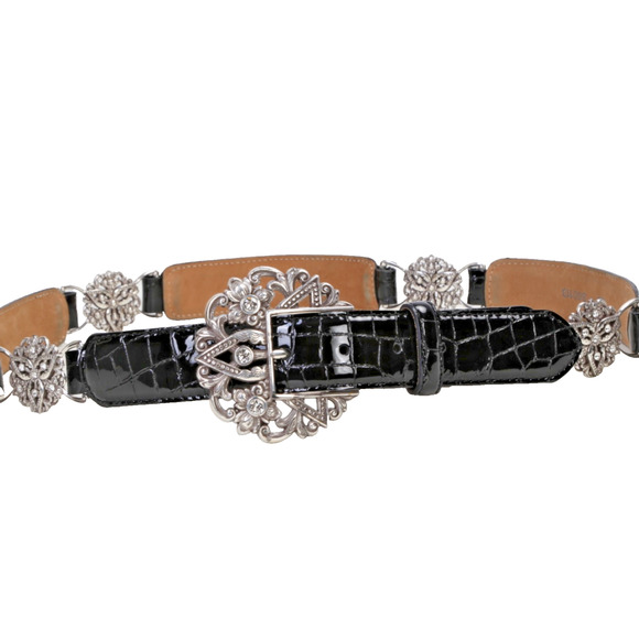 Vintage Brighton Black Croc Embossed Leather Belt Silver Crystal Buckle Size 38 main image 10